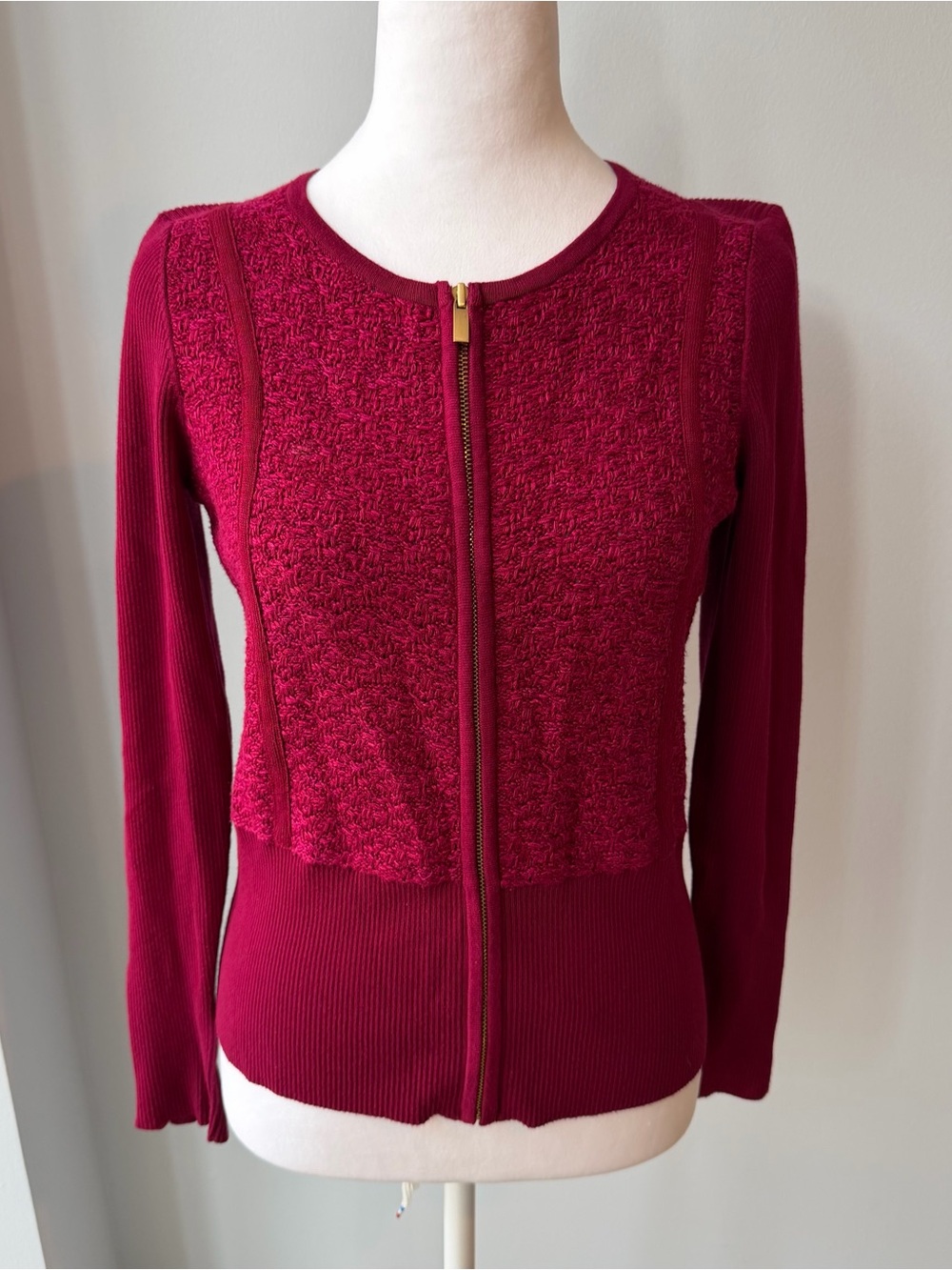 Cache Burgundy Magenta Full Zip Sweater Jacket Womens Medium Textured Knit